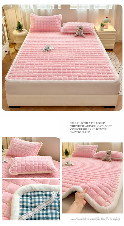 Pink fleece bedding collage showing matching pillowcases and checked backing.