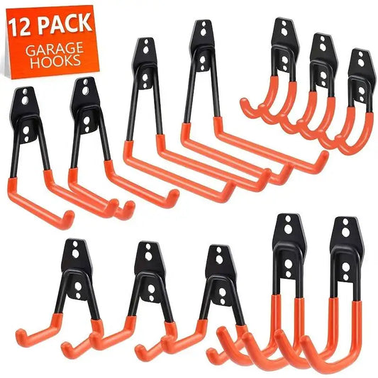 Garage Organizer Hooks - 12 Pack Heavy Duty Metal Wall Hooks, Non-Slip Storage Hooks for Organizing Clutter