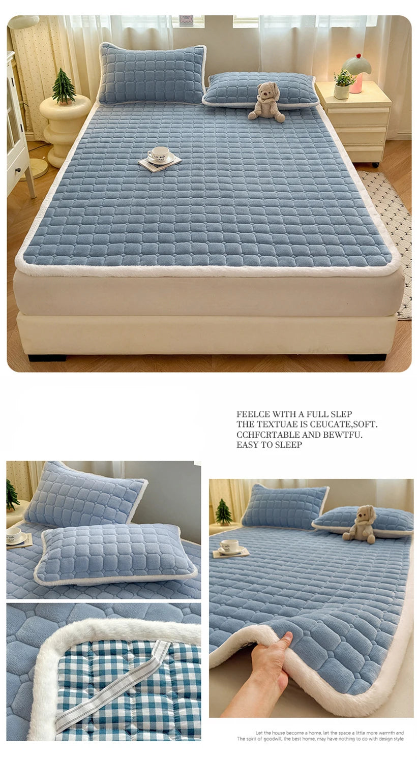 Blue fleece bedding collage with bedroom styling and fabric detail views.