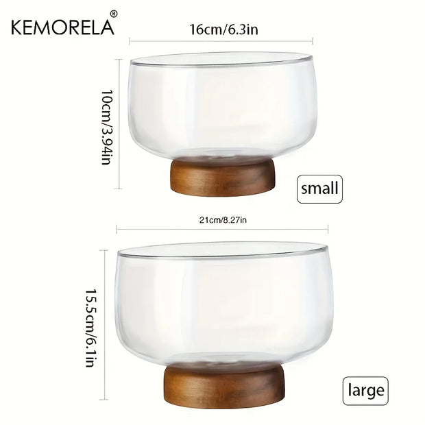 KEMORELA Large Glass Bowl Elegant Wooden Stand