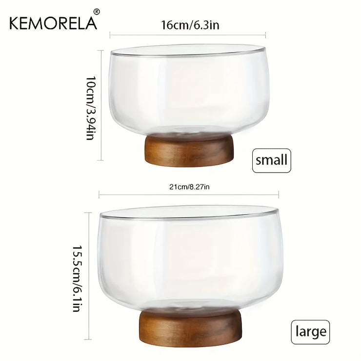 KEMORELA Large Glass Bowl Elegant Wooden Stand