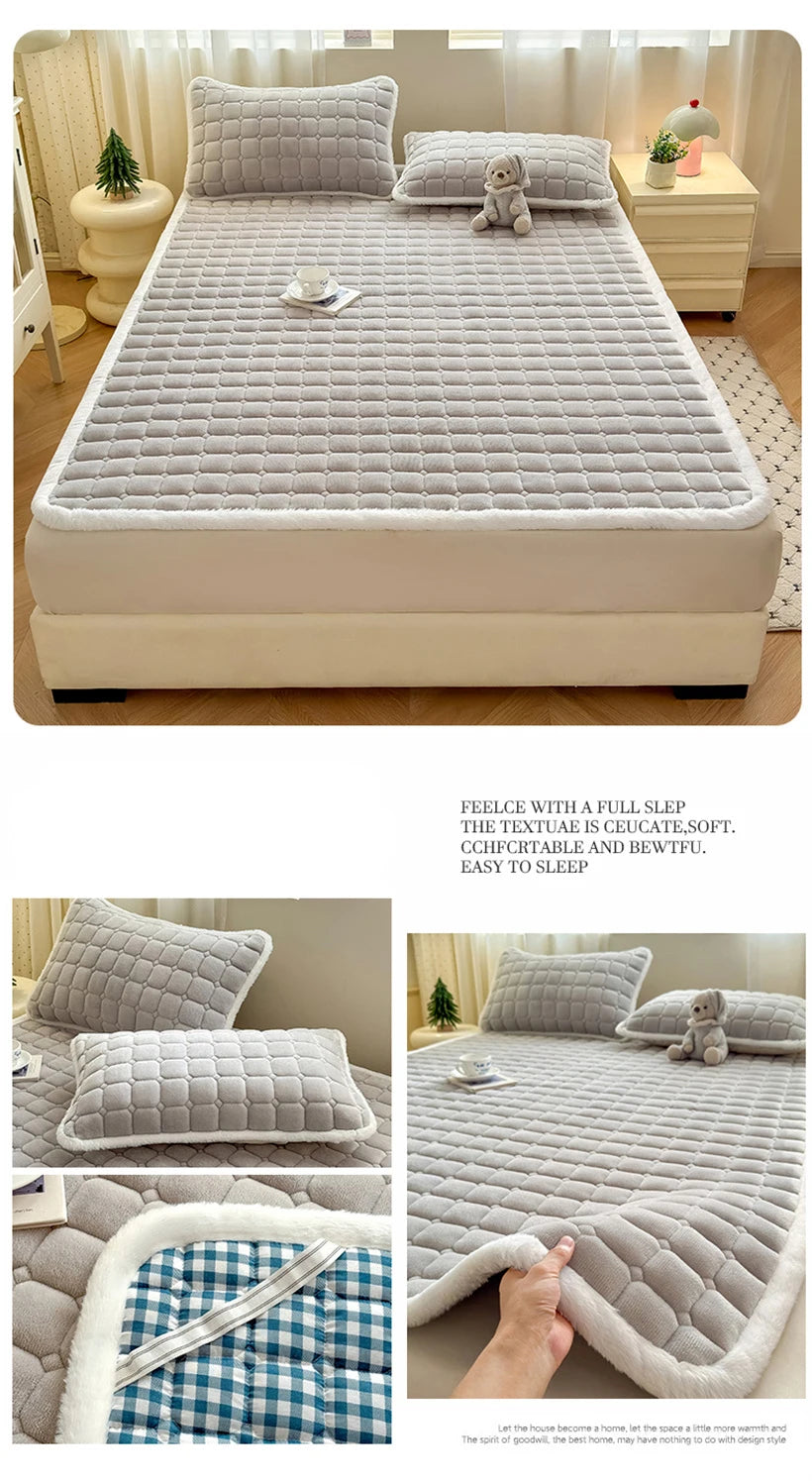 Gray fleece bedding collage with matching pillowcases and fabric details.