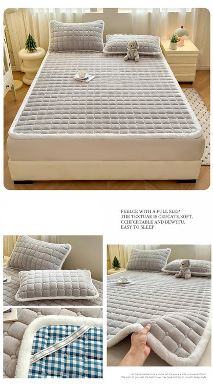 Gray fleece bedding collage with matching pillowcases and fabric details.