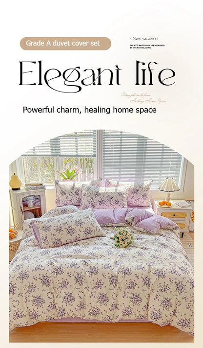 Floral Printed Bedding Set – Duvet Cover with Flat Sheet & Pillowcases