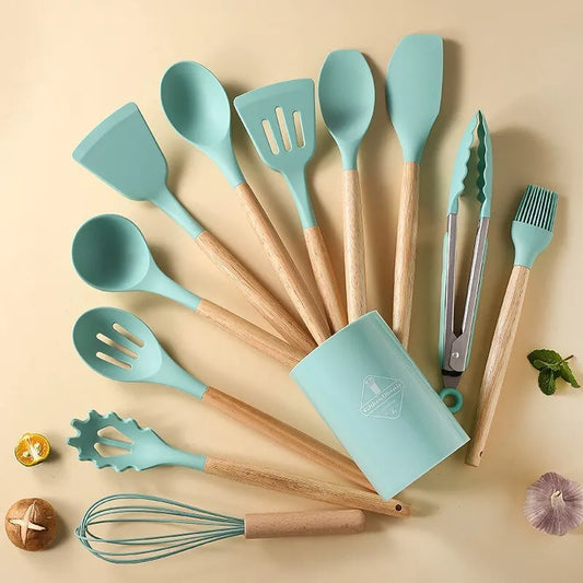 Wooden Handle Silicone Kitchen Utensil Set (12 Pieces) with Storage Bucket, High Temperature Resistant and Non-Stick, Spatula, Spoon