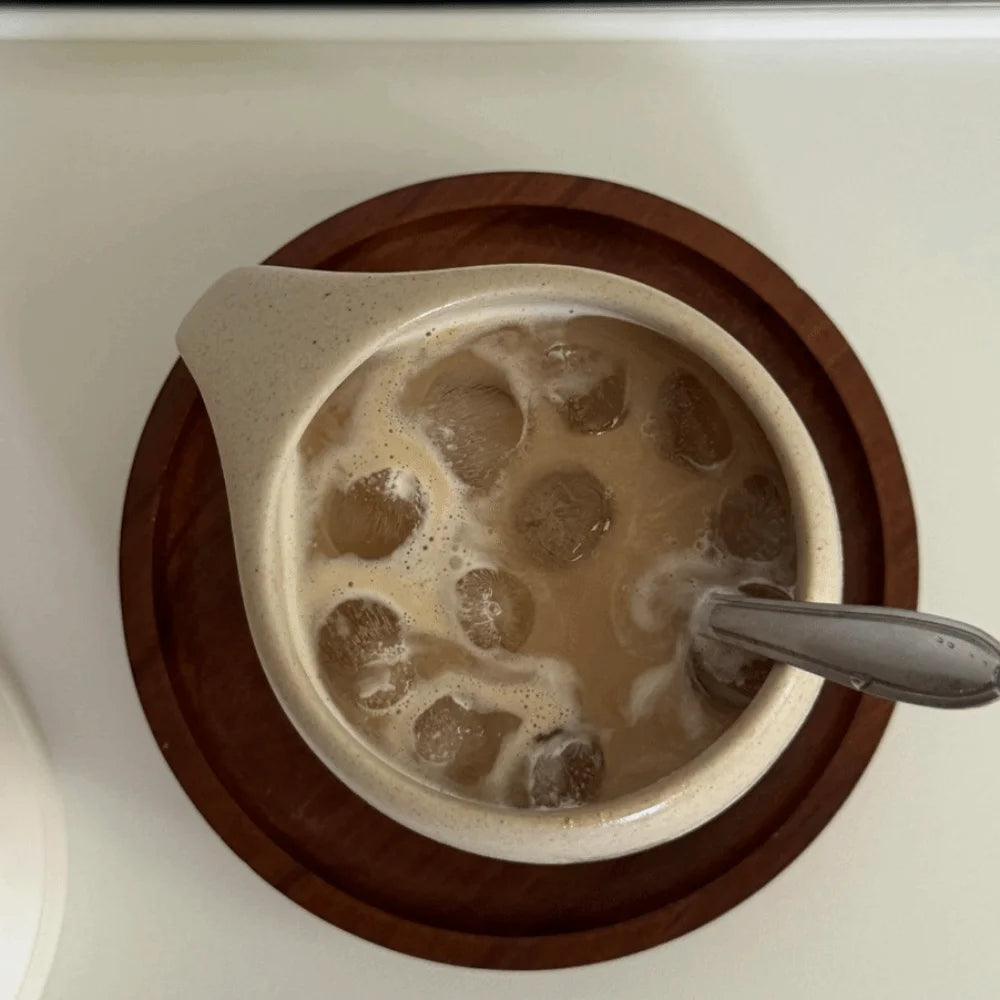 Artisan Pottery Coffee Cup with Wood Saucer