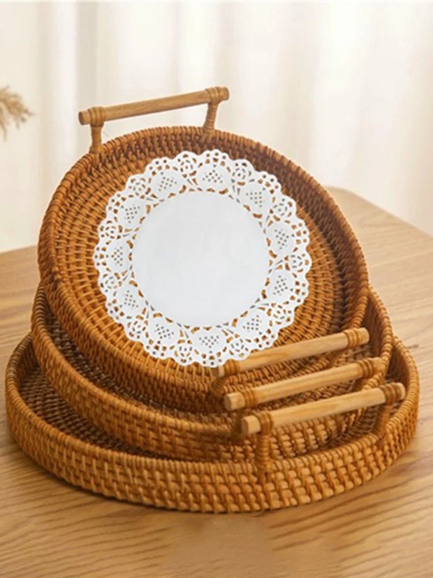 Woven Rattan Round Tray with Strap