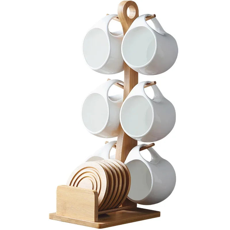 Ceramic Cup & Saucer Set with Bamboo Tray