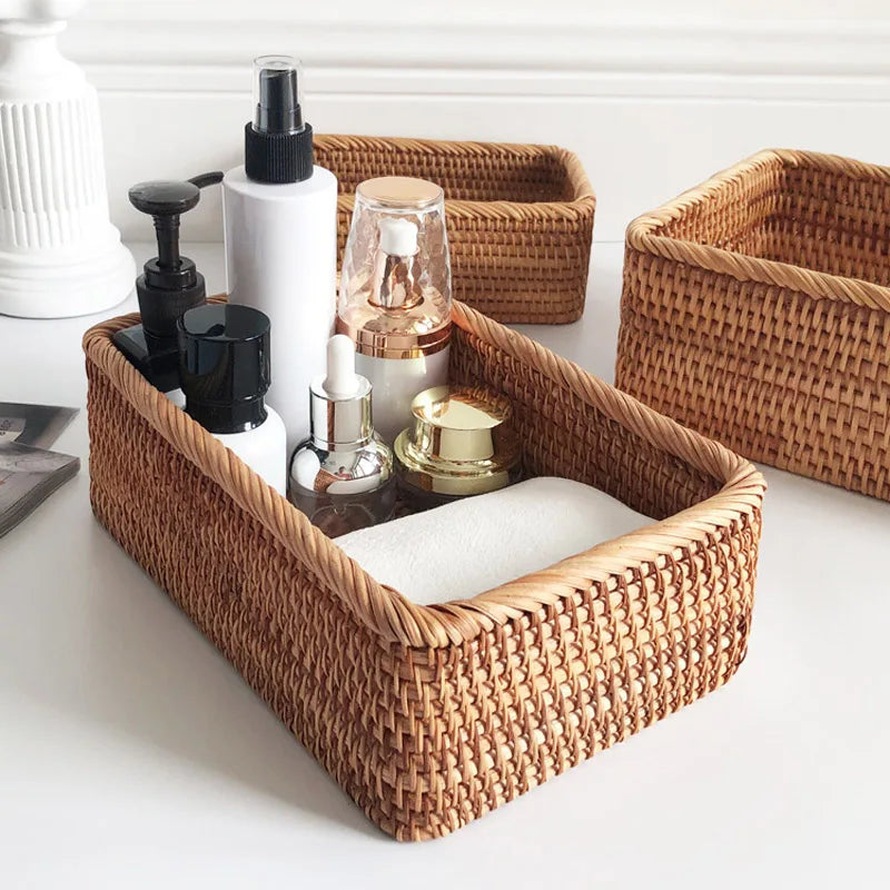 Handwoven Rattan Storage Basket Fruit Tea Snack Bread Picnic Basket Cosmetic Storage Box Wicker Basket Organizer Rattan Basket