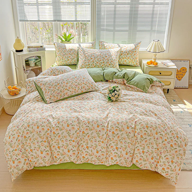 Floral Printed Bedding Set – Duvet Cover with Flat Sheet & Pillowcases