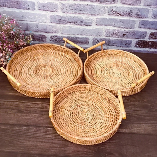 Woven Rattan Round Tray with Strap