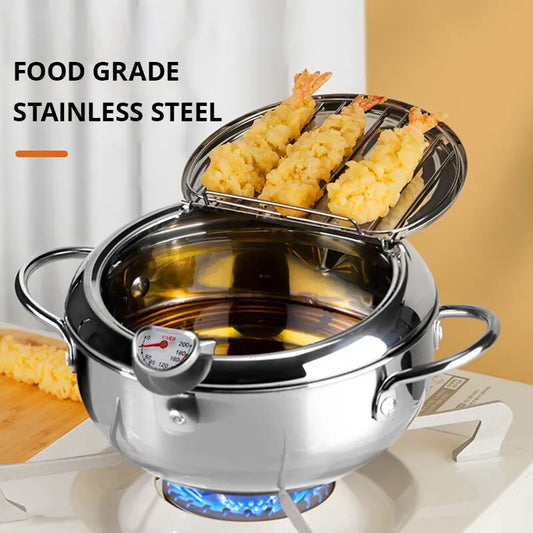 1pc -Stainless Steel Tempura Frying Pot with Thermometer & Lid – Oil-Saving Deep Fryer Pan