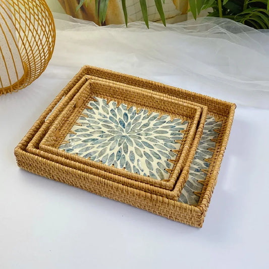 Handmade Colorful Shell Rattan Tray Handles Rectangle Round Nordic Jewelry Storage Basket Trays For Table Fruit Dish Home Decor