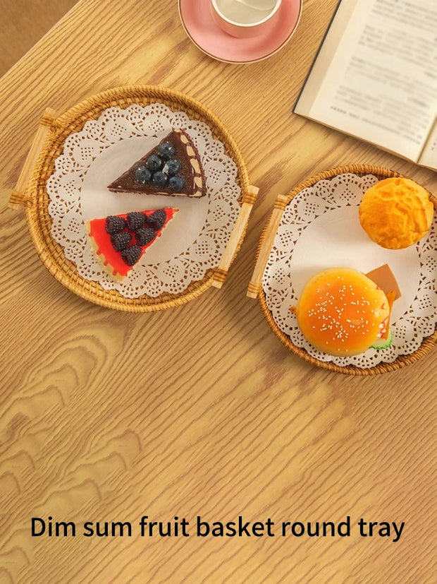 Woven Rattan Round Tray with Strap