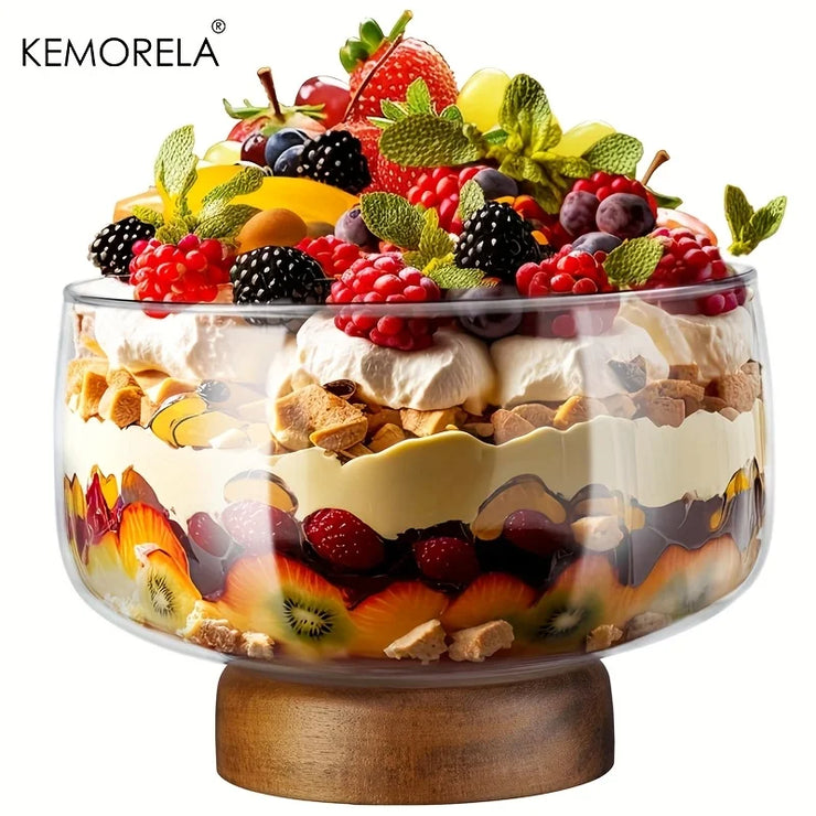 KEMORELA Large Glass Bowl Elegant Wooden Stand