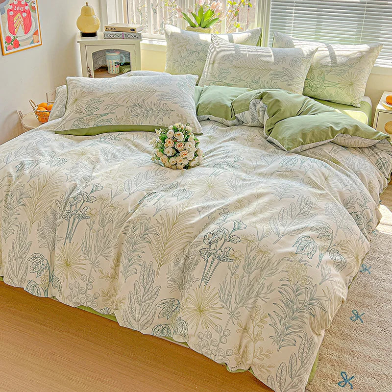 Floral Printed Bedding Set – Duvet Cover with Flat Sheet & Pillowcases