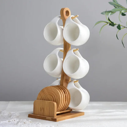 Ceramic Cup & Saucer Set with Bamboo Tray