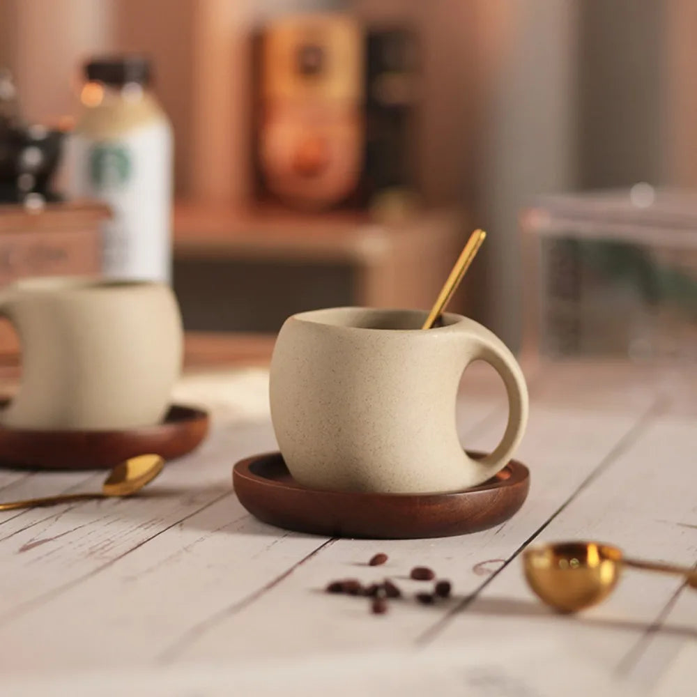 Artisan Pottery Coffee Cup with Wood Saucer