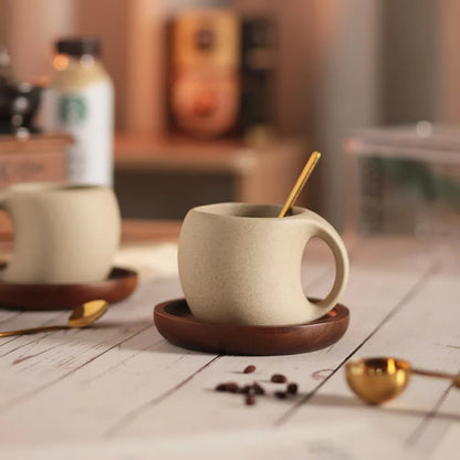 Artisan Pottery Coffee Cup with Wood Saucer