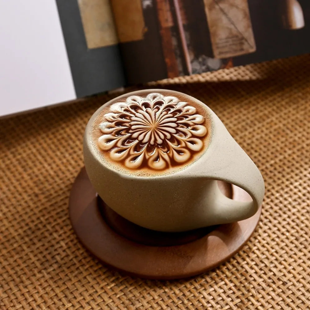 Artisan Pottery Coffee Cup with Wood Saucer