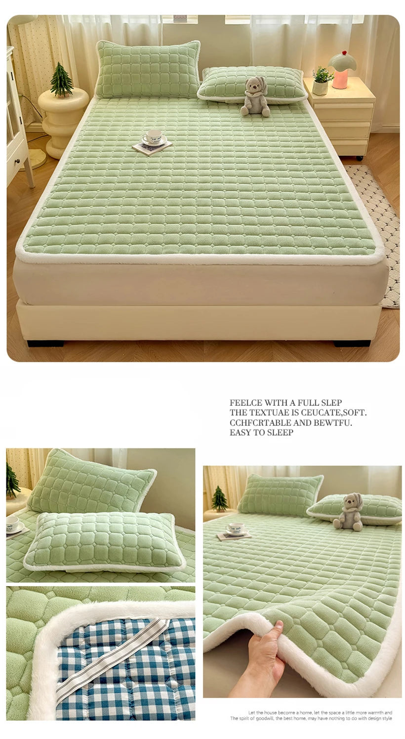 Green fleece bedding collage showing matching pillowcases and checked backing.