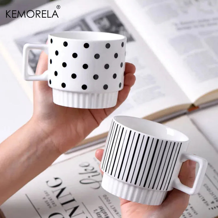 Nordic-style ceramic mug (1 unit), with various graphic prints. Stackable.