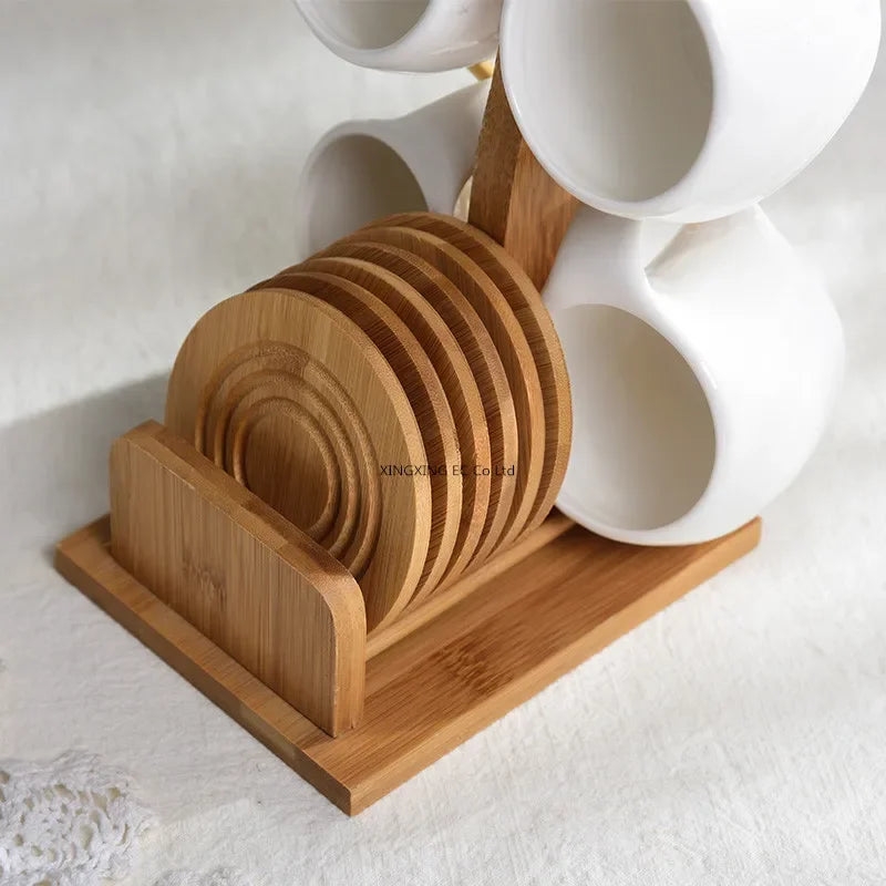 200ml Ceramic Coffee Cup Household Mug Creative Simple Hanging Cold Water Cup Set Kitchen Restaurant Tea Set Bamboo Wood Stand