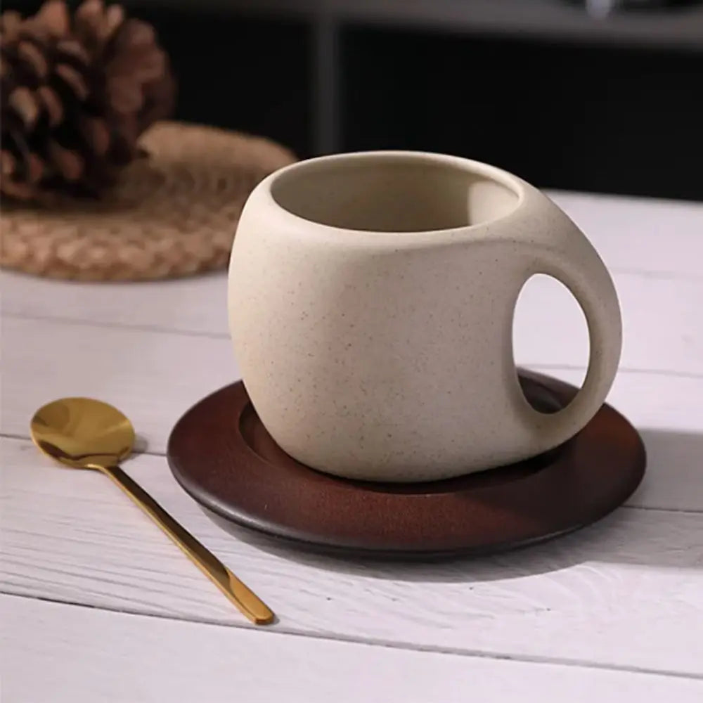 Artisan Pottery Coffee Cup with Wood Saucer