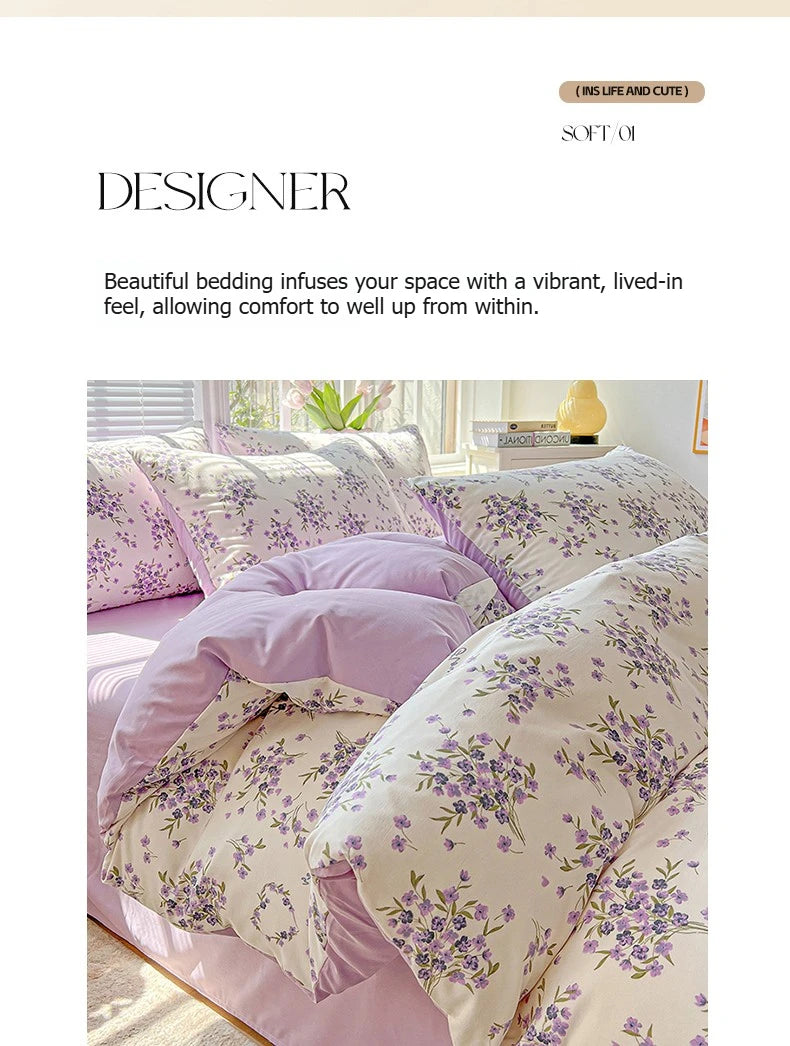 Floral Printed Bedding Set – Duvet Cover with Flat Sheet & Pillowcases