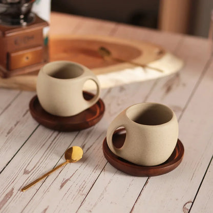 Artisan Pottery Coffee Cup with Wood Saucer