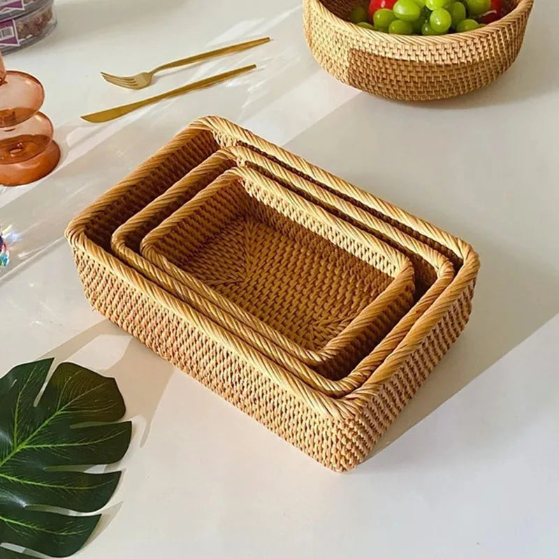 Handwoven Rattan Storage Basket Fruit Tea Snack Bread Picnic Basket Cosmetic Storage Box Wicker Basket Organizer Rattan Basket