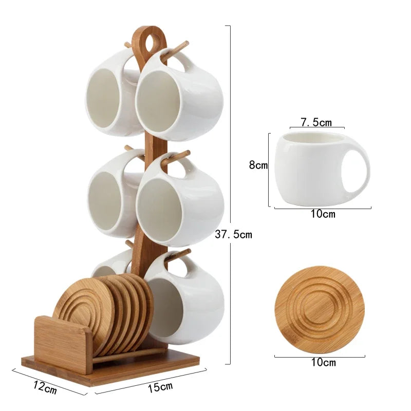 200ml Ceramic Coffee Cup Household Mug Creative Simple Hanging Cold Water Cup Set Kitchen Restaurant Tea Set Bamboo Wood Stand