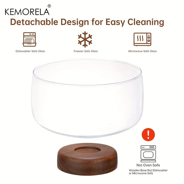 KEMORELA Large Glass Bowl Elegant Wooden Stand