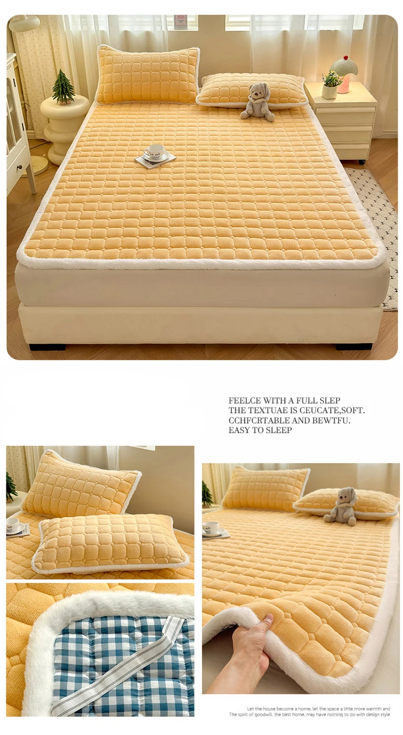 Yellow fleece bedding collage showing quilted fabric and white edging.