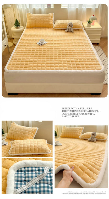 Yellow fleece bedding collage showing quilted fabric and white edging.
