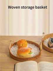 Woven Rattan Round Tray with Strap