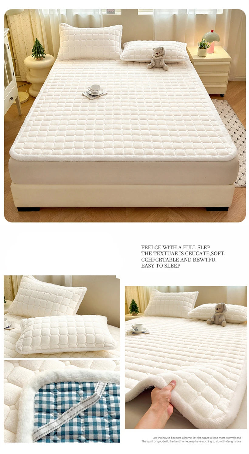 White fleece bedding collage with bedroom styling and fabric detail views.
