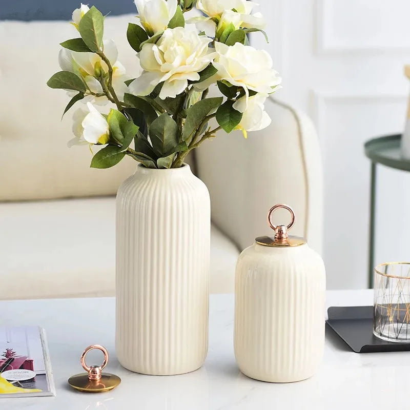 American Vertical Stripe Ceramic Vase Storage Jar Office Desktop Decoration Hydroponic Flower Vase Flower Arrangement Decoration