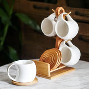 Set of Ceramic Cups and Saucers with Bamboo Tray – 4 to 6 Pieces, Elegant and Heat Resistant Design.