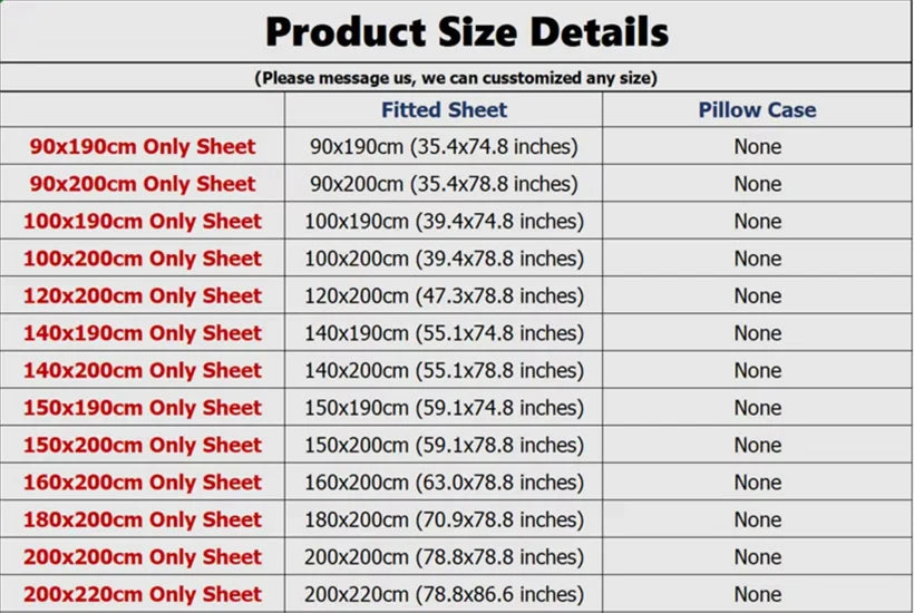 Manufacturer size chart listing sheet dimensions in centimeters and inches.