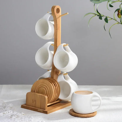 Ceramic Cup & Saucer Set with Bamboo Tray