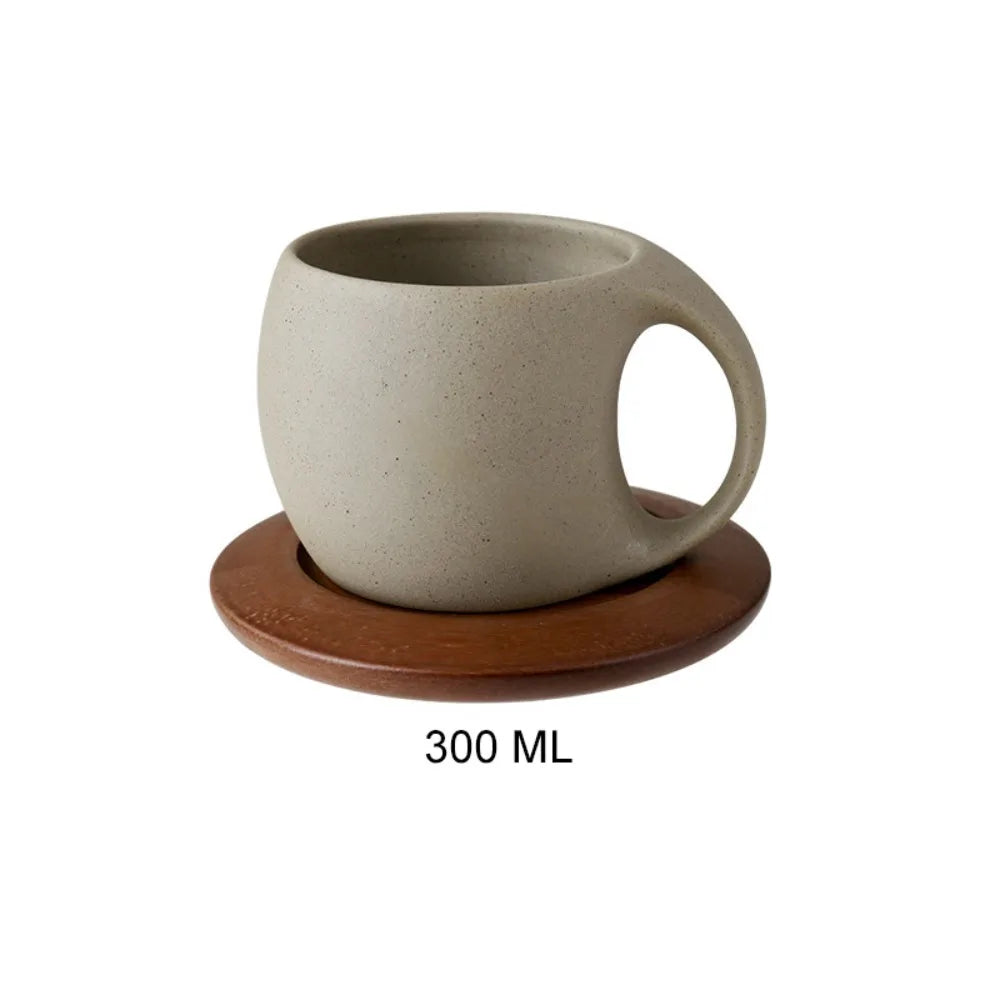 Artisan Pottery Coffee Cup with Wood Saucer